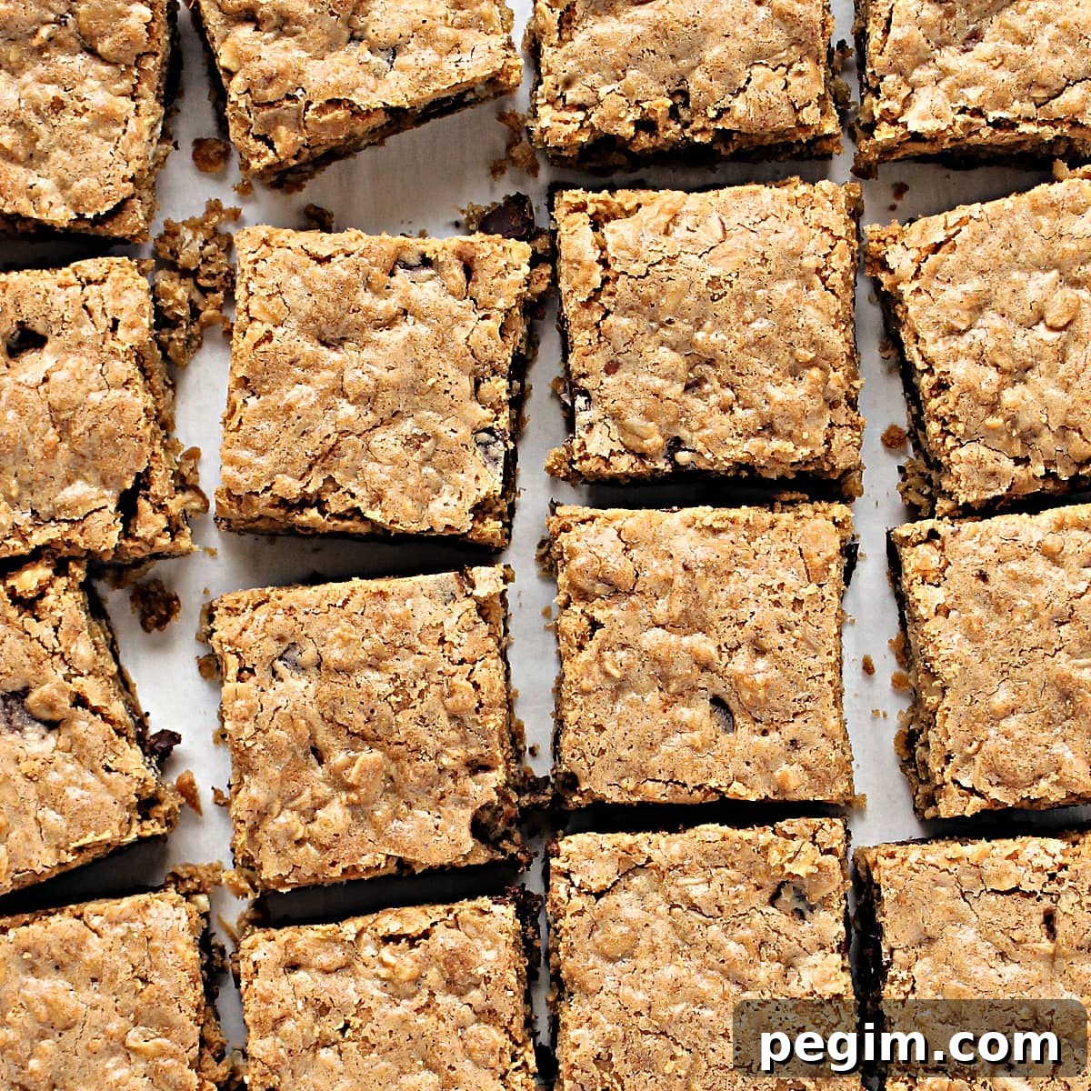 Closeup of textured, slightly crackled tops of Oat Bars cut in squares.