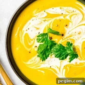 roasted kabocha squash soup, vegan pumpkin soup in a black bowl with cream and herb garnish