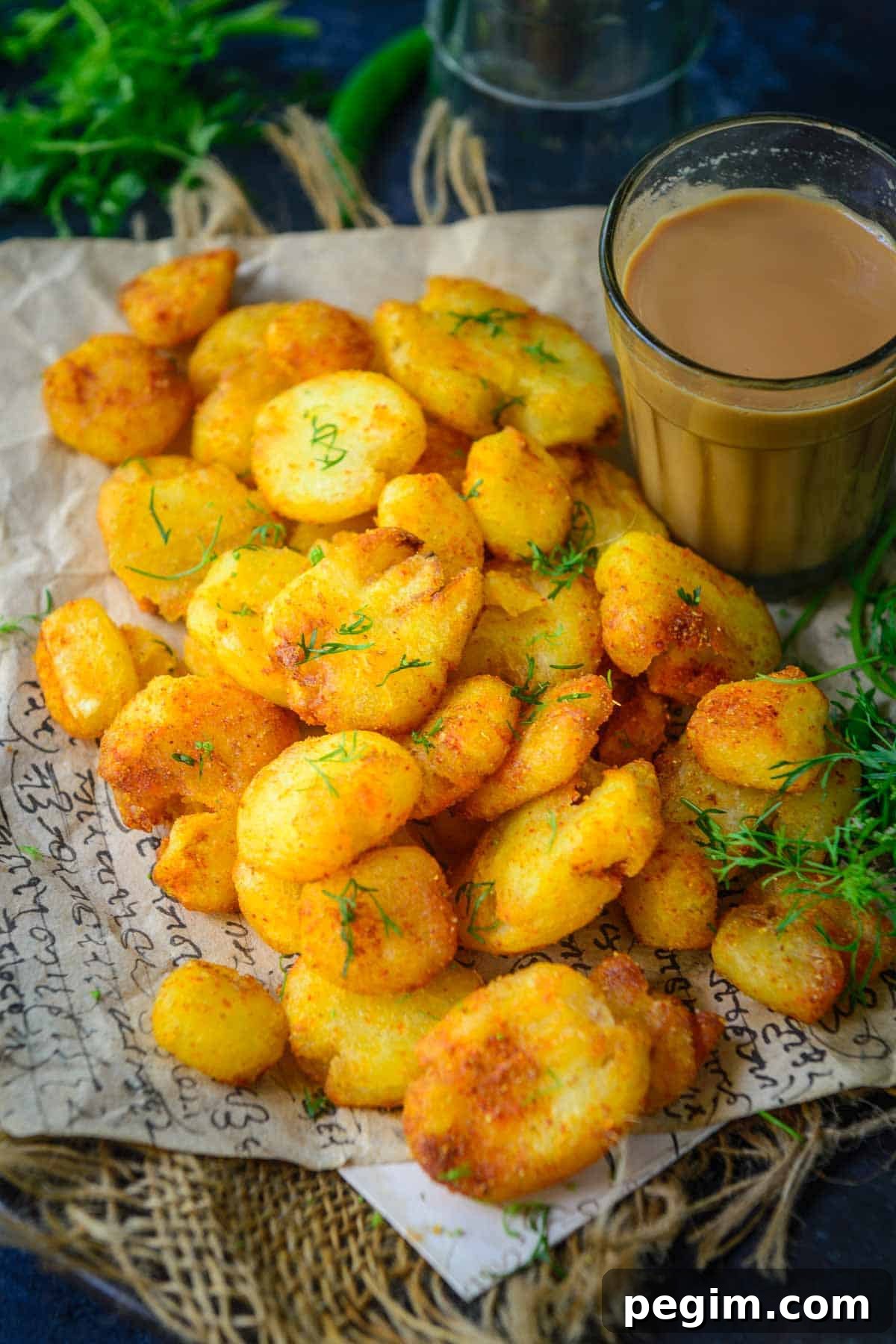 A pile of golden, crispy Aloo Tuk garnished with herbs is served on parchment paper next to a glass of chai tea. Fresh herbs are scattered around as garnish.