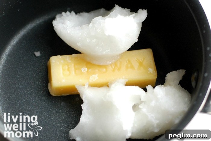 beeswax and coconut oil melting together as a lip balm base