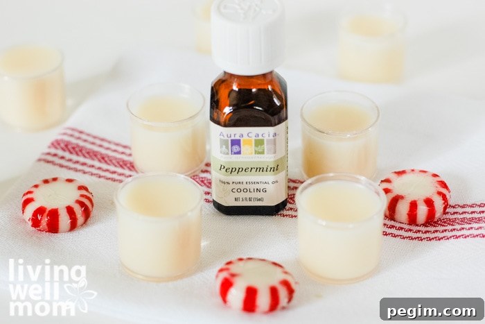 4 peppermint lip balm containers with essential oil