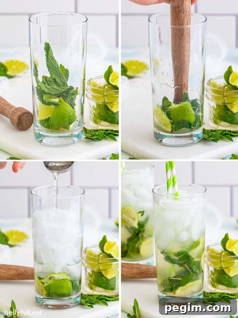4 images showing how to make a mojito, from muddling the lime and mint to adding club soda and ice