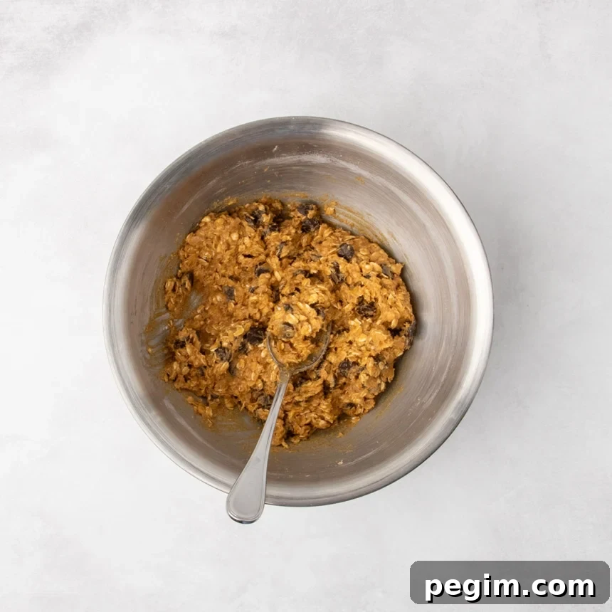 The metal mixing bowl filled with rust colored raw oatmeal cookie dough now mixed with chocolate chips, with a spoon in the bowl.