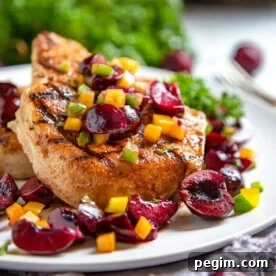 Dry rubbed grilled pork chop with fresh cherry salsa