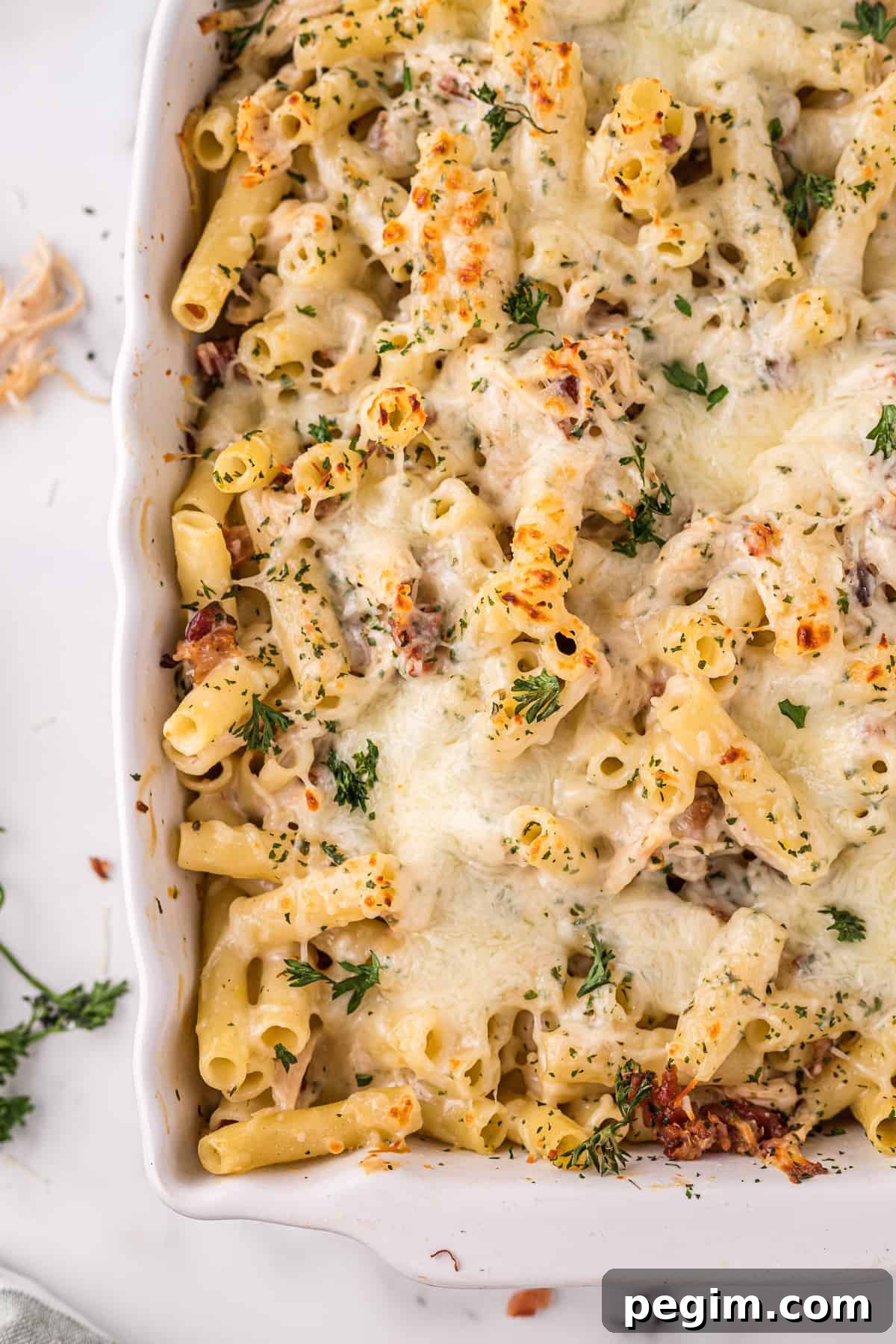 Corner of baking dish with a cheesy chicken bacon alfredo pasta bake garnished with parsley