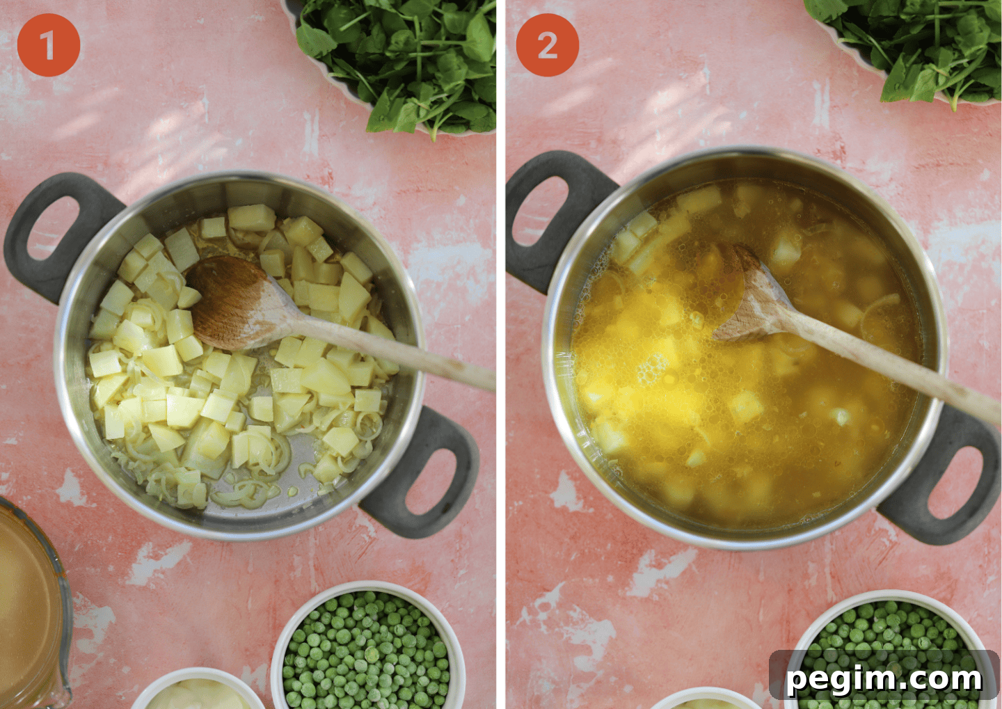 Frying potato and shallots in a pan and (right) with vegetable stock added.