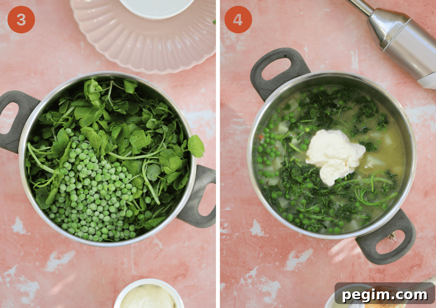 Adding the watercress, peas and creme fraiche to the pan.