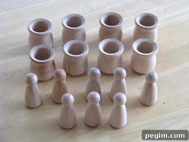 unfinished wooden peg doll set