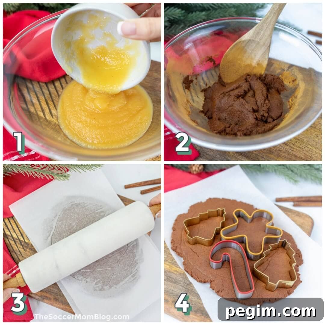 4 step photo collage showing how to make homemade cinnamon applesauce ornaments.
