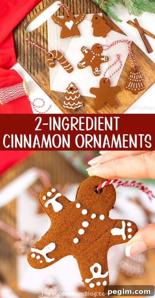 2 photo vertical Pinterest collage showing 2-ingredient cinnamon ornaments.