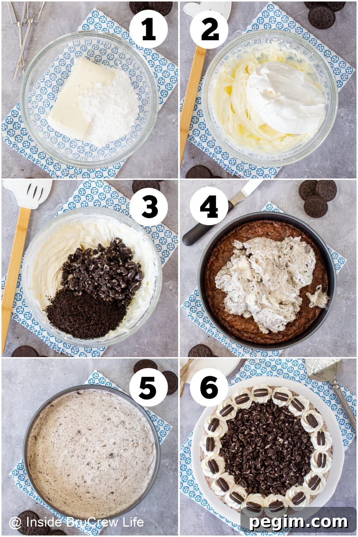 Six pictures collaged together showing how to assemble an Oreo dessert cake.