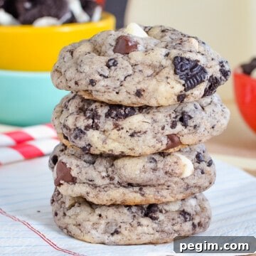 A stack of four chocolate chip cookies and cream cookies on a white napkin.