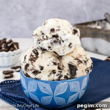 A blue bowl filled with scoops of homemade cookies and cream ice cream.