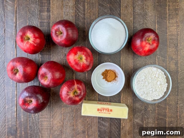 Ingredients to make old fashioned apple crisp are Jonathan apples, granulated sugar, cinnamon, all purpose flour and butter on a wooden counter top.