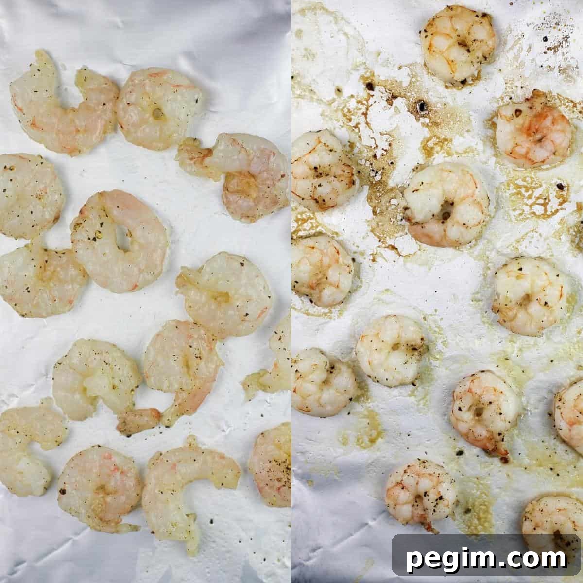collage of 2 photos showing uncooked and cooked shrimp on bake sheet