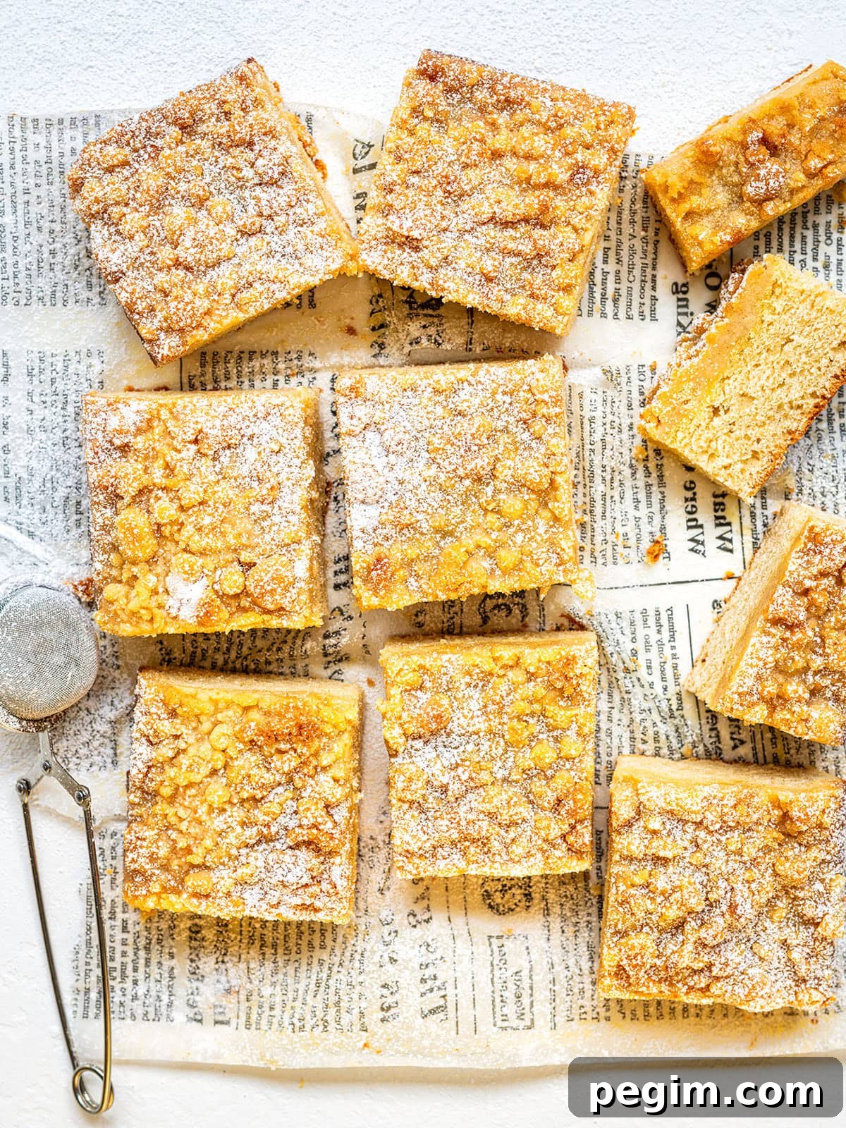 Authentic German Streuselkuchen Recipe: Classic Crumb Cake Guide 2 Nine squares of German crumb cake, or streuselkuchen, topped with powdered sugar rest on newspaper print parchment; a tea strainer sits nearby, and one piece is partly eaten, revealing its soft, layered interior.