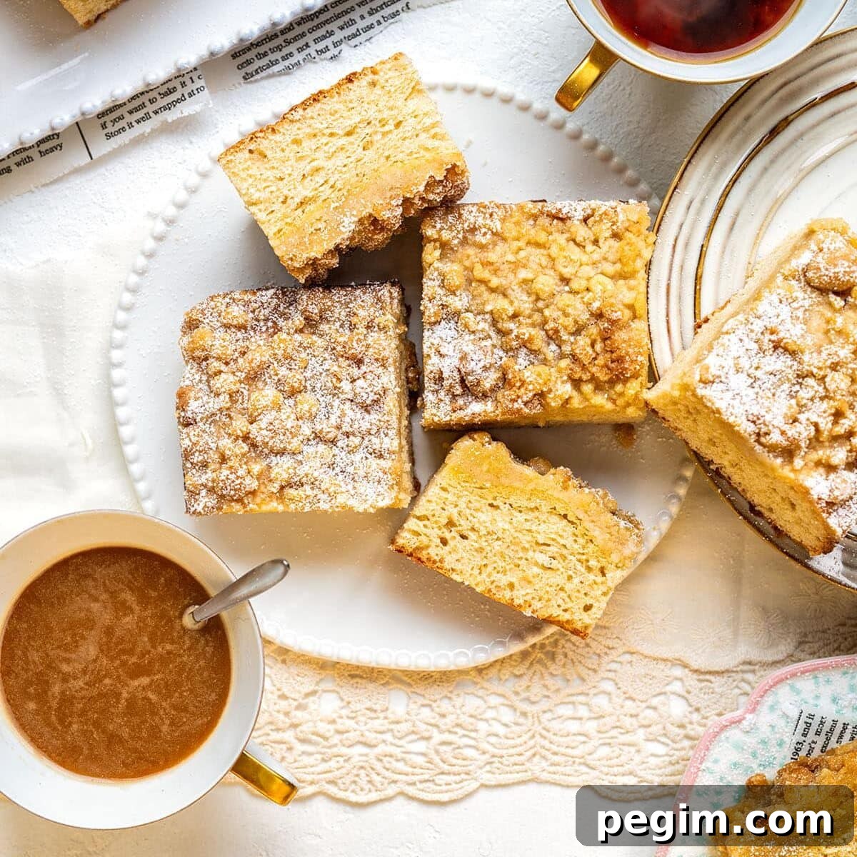 Authentic German Streuselkuchen Recipe: Classic Crumb Cake Guide 4 Overhead view of crumb cake squares on a white plate, surrounded by cups of coffee and tea on a lace tablecloth. Some cakes are dusted with powdered sugar and a few crumbs are scattered around.