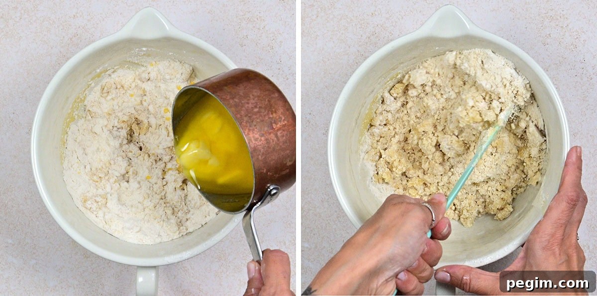 Authentic German Streuselkuchen Recipe: Classic Crumb Cake Guide 6 Two side-by-side images show a white mixing bowl with flour mixture. In the first, melted butter is being poured in; in the second, hands stir the mixture with a spatula.