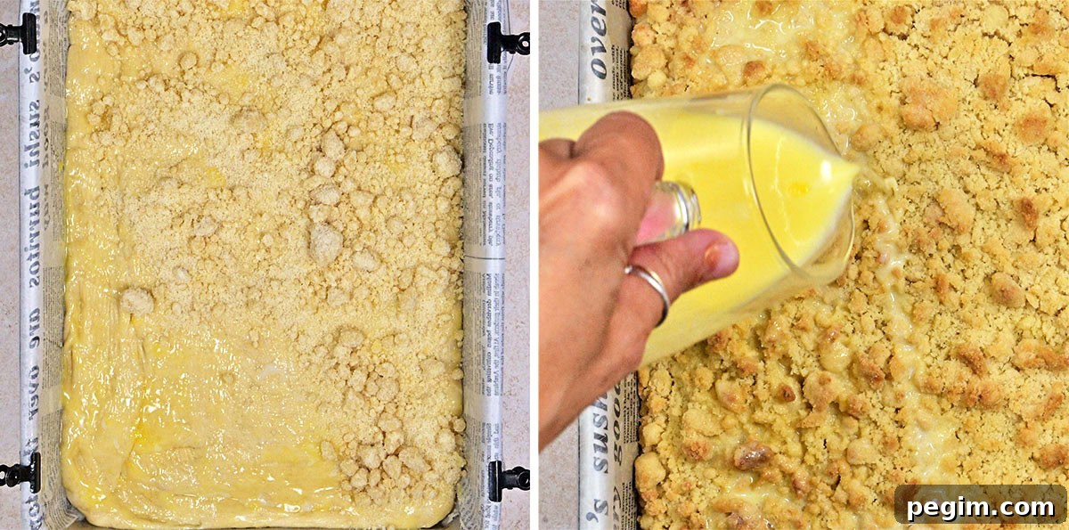 Authentic German Streuselkuchen Recipe: Classic Crumb Cake Guide 8 Two-panel image: On the left, an unbaked crumbly cake batter in a parchment-lined pan. On the right, a hand pours a glass of yellow liquid evenly over the baked, golden crumb cake.