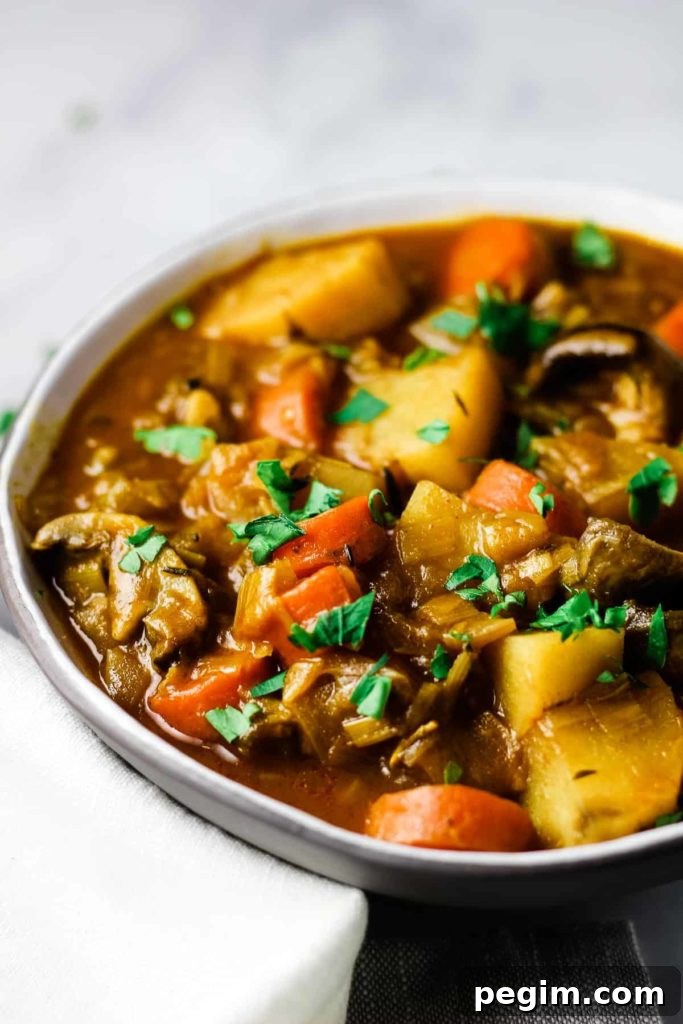 A bowl of vegetable stew sprinkled with parsley