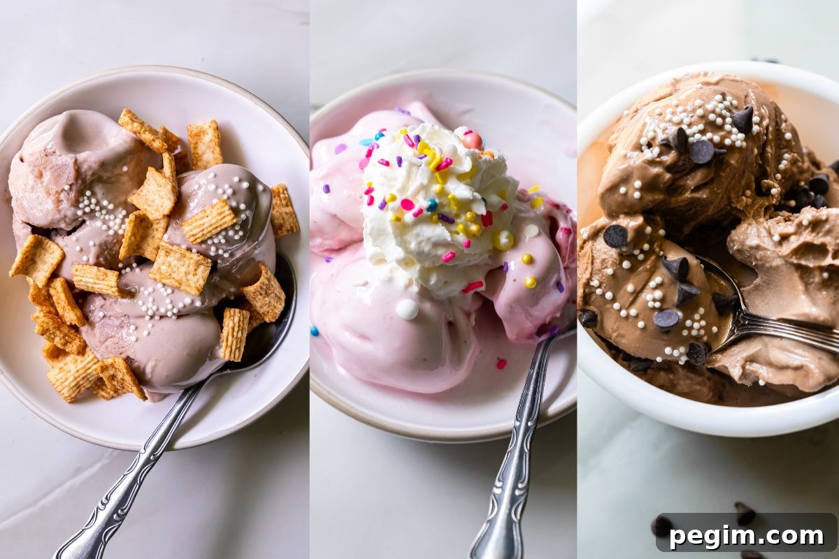 Three bowls of ice cream: the first bowl with cereal topping, the second with sprinkles and whipped cream, and the third with chocolate chips and white candy pearls. These protein-packed Ninja Creami ice creams offer a delightful mix of textures and flavors sure to please everyone.