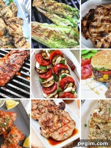 Collage of 9 easy recipes made on the grill.