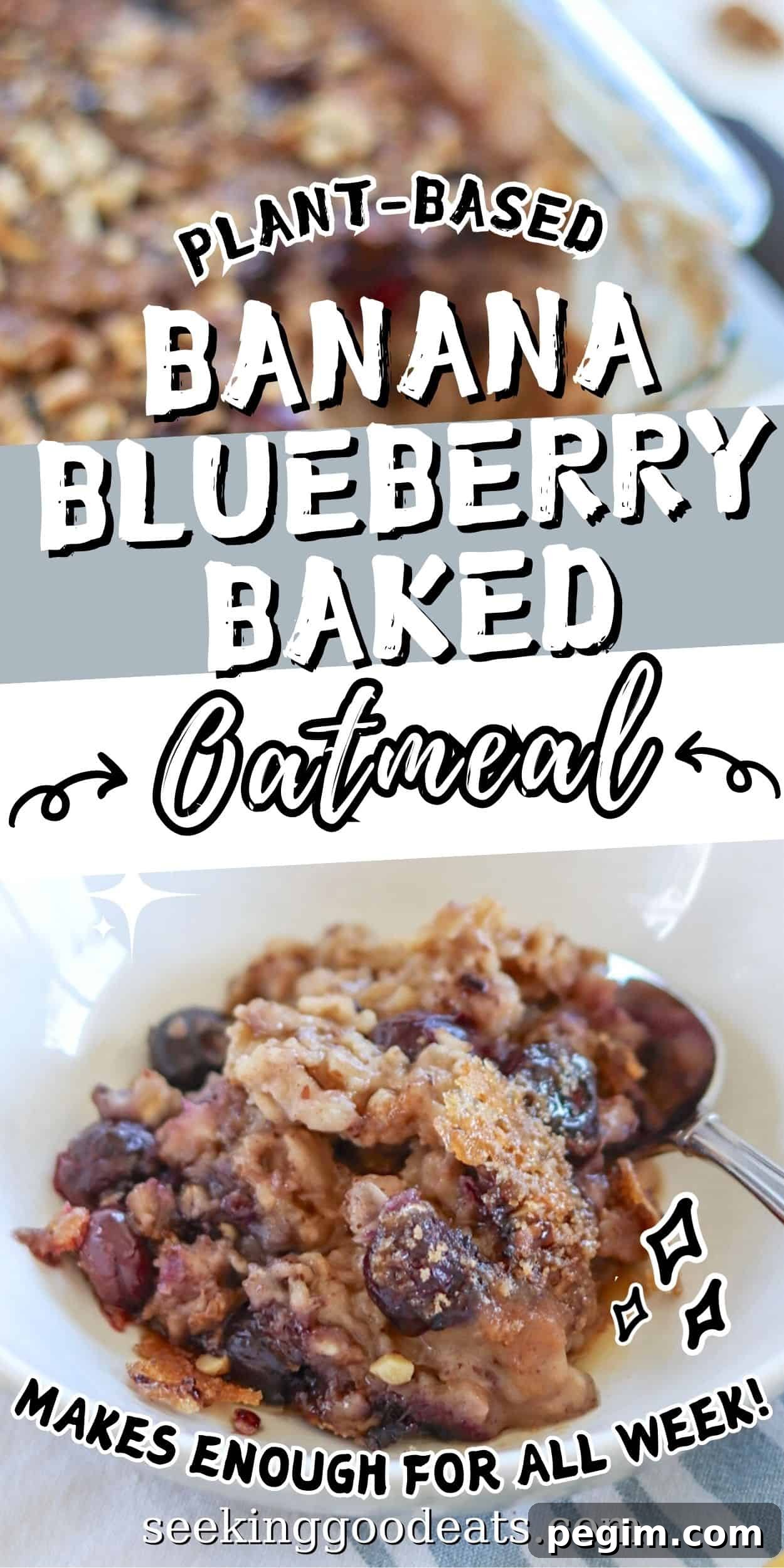 Pinterest pin with baked oatmeal with blueberries.