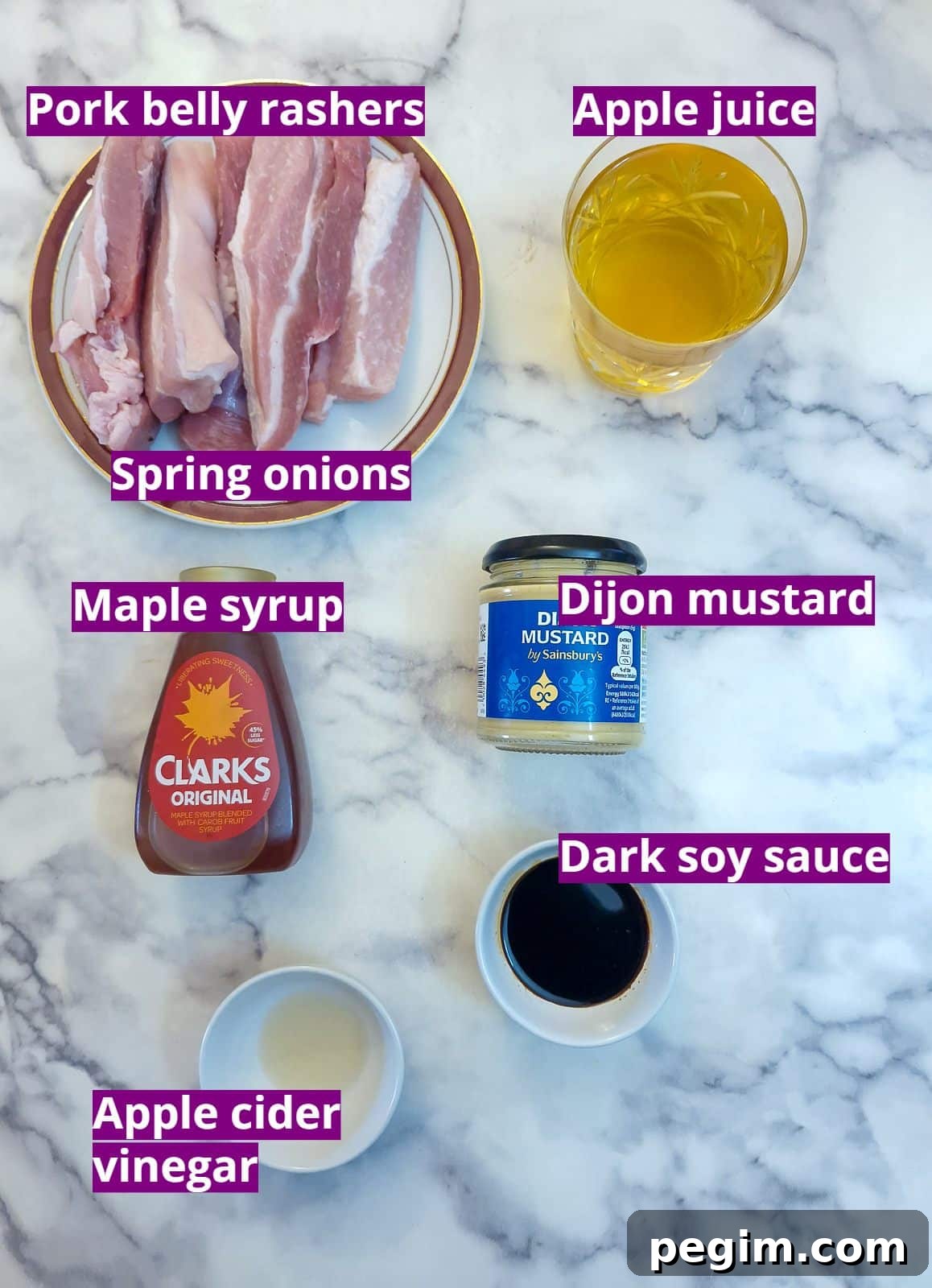 Ingredients needed to make maple-glazed pork belly slices.