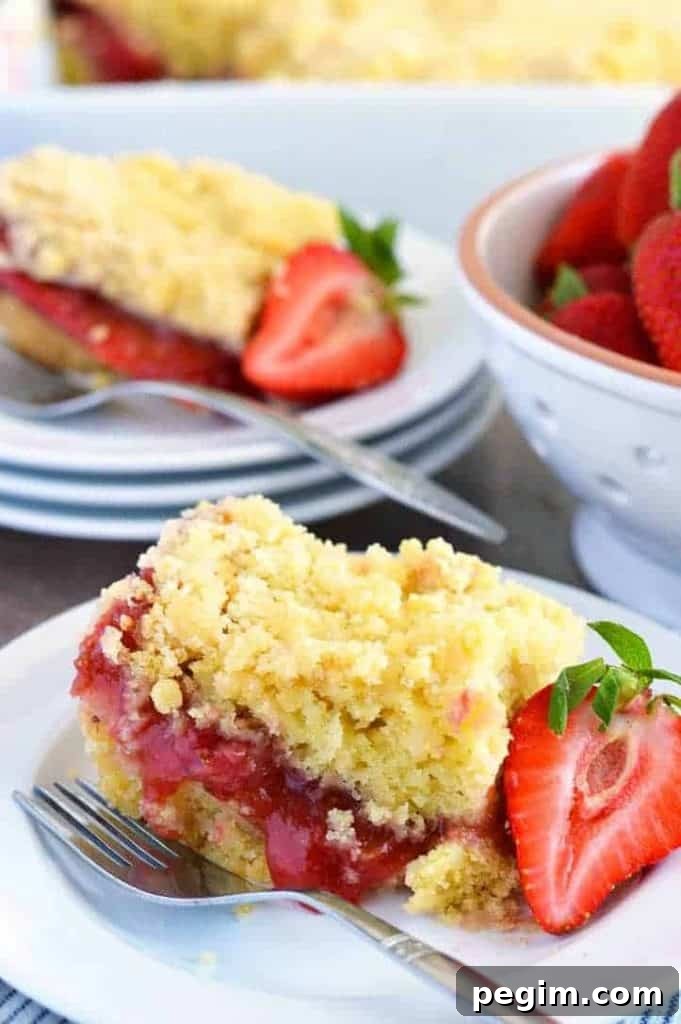 strawberry rhubarb coffee cake on a plate