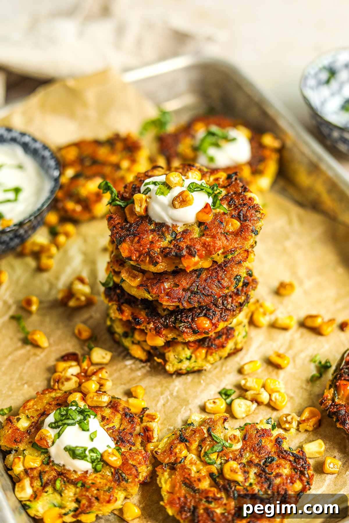 20 Delicious Side Dishes to Serve with Roasted Chicken 8 Healthy corn and zucchini fritter stacked and topped with greek yogurt, roasted corn, and basil.