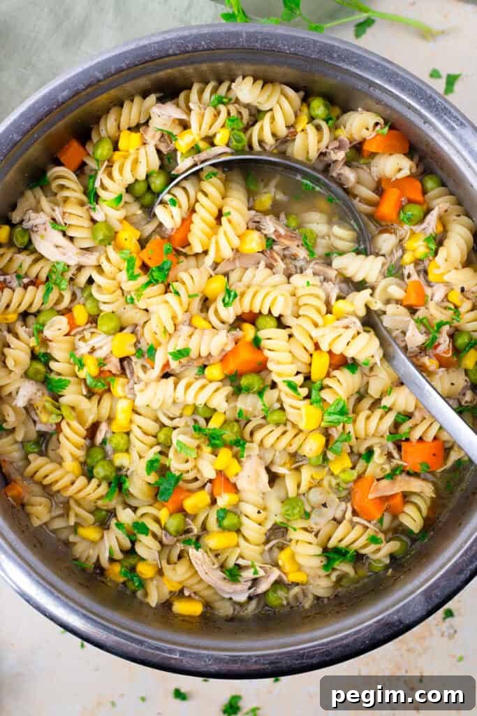 pot of gluten free chicken noodle soup with spiral noodles, peas, chopped carrots, and shredded chicken with large spoon
