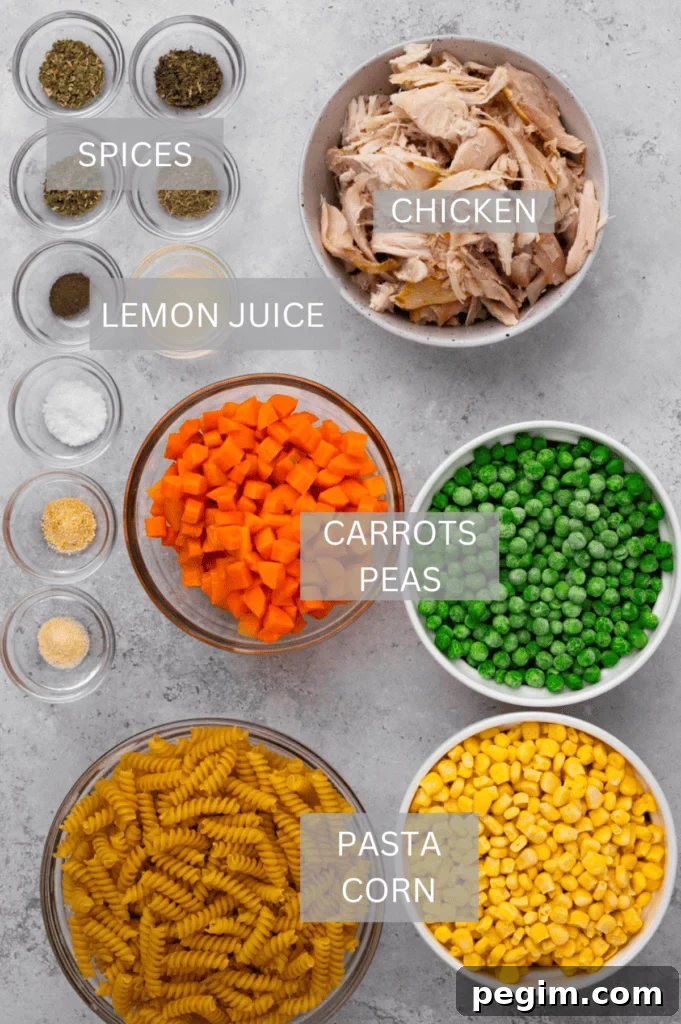 ingredients for gluten free chicken noodle coup in small bowls on a grey countertop.