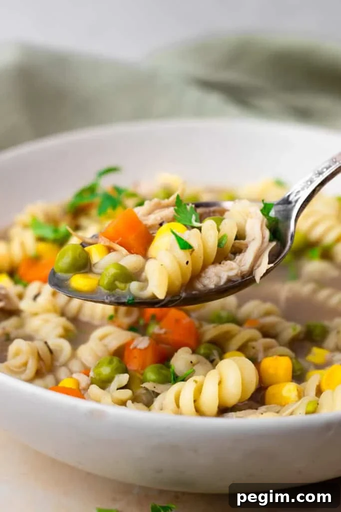 spoon scooping up gluten free chicken noodle soup with corn, carrots, peas, and spiral noodles