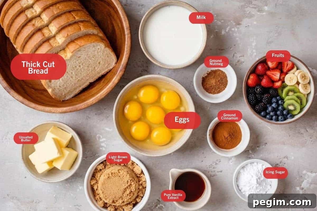 Flay lay photo of ingredient shot of thick cut bread, milk, ground nutmeg, fruits, ground cinnamon, icing sugar, pure vanilla eggs, light brown sugar