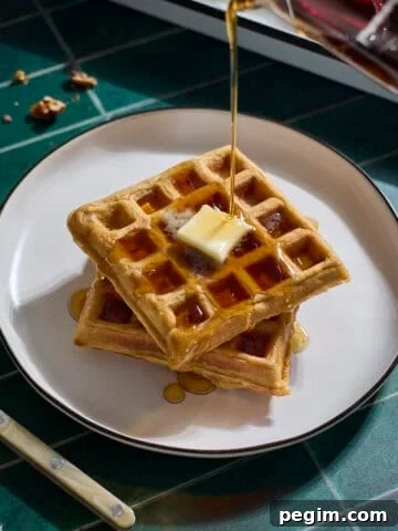 Syrup pouring onto a stack of Sourdough Sweet Potato Waffles.
