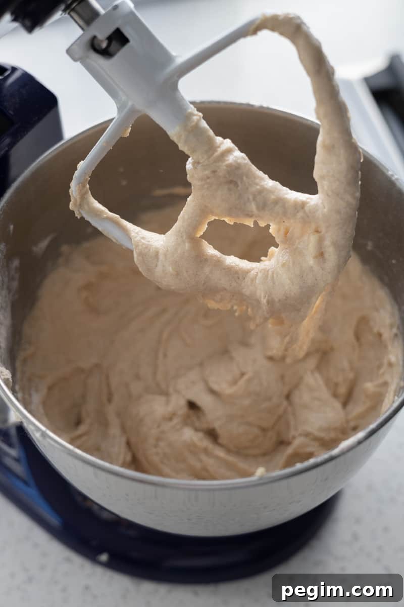 Batter mixed in a stand mixer.