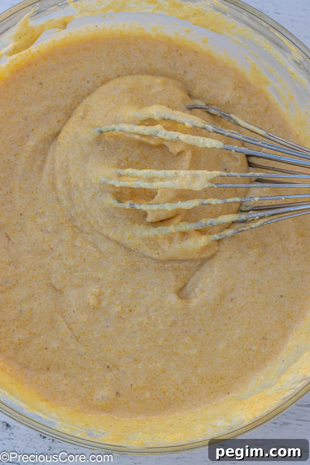 Batter for cornbread with a whisk in a bowl.