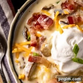 A closeup shot of a bowl of soup topped with shredded cheese, bacon bits, and a dollop of sour cream.