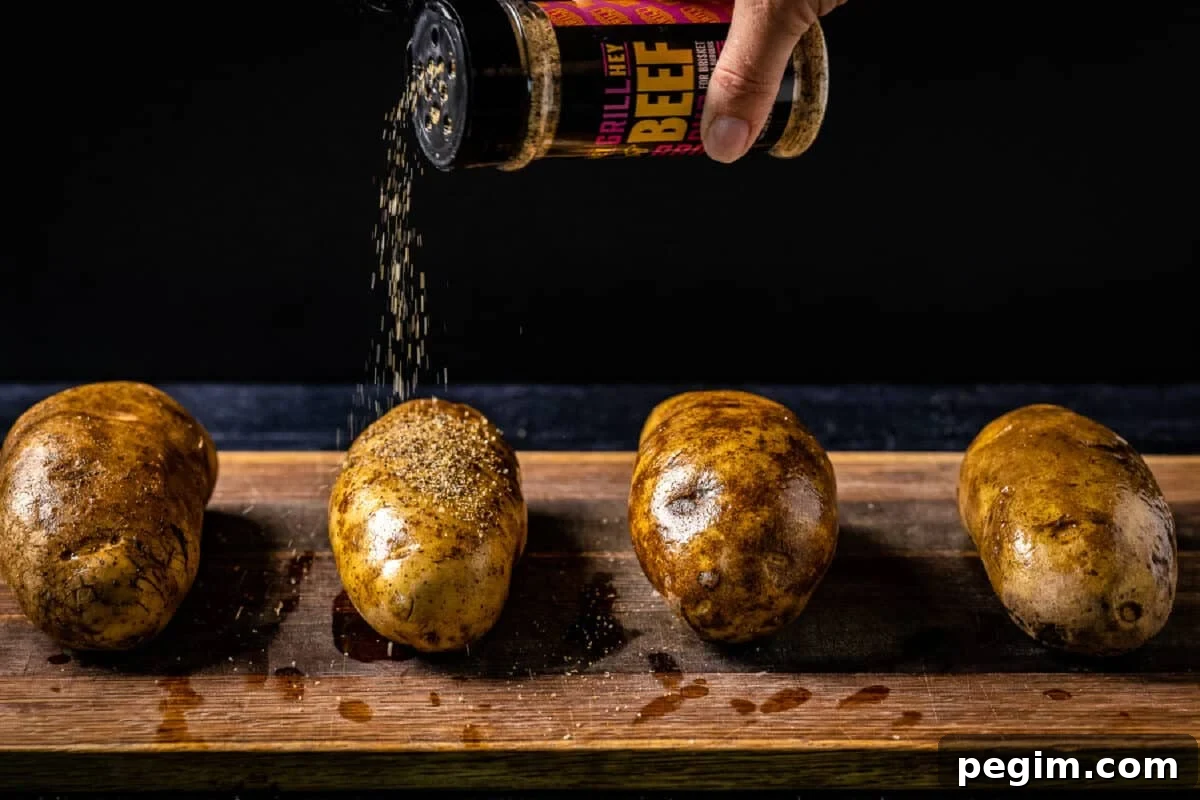 A chef's hand sprinkling Hey Grill Hey Beef Rub onto oiled potatoes resting on a wooden cutting board.