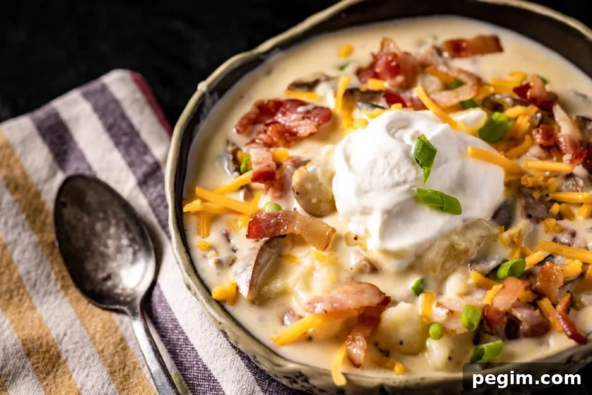 A bowl of baked potato soup topped with shredded cheese, bacon bits, and a dollop of sour cream next to a spoon on a cloth napkin.
