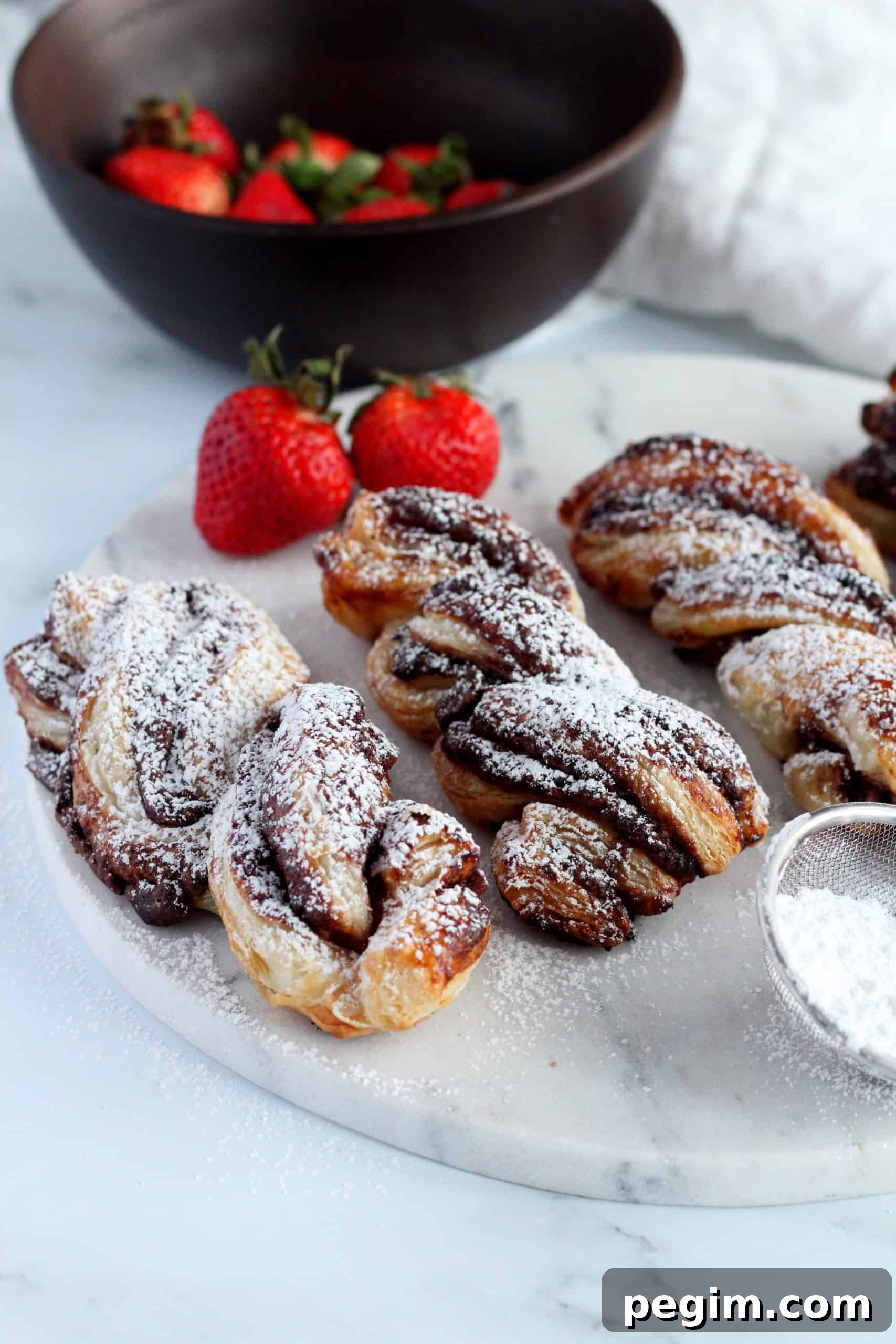 Nutella filled puff pastry twists on marble plate dusted with powdered sugar. In the background are strawberries in wooden bowl