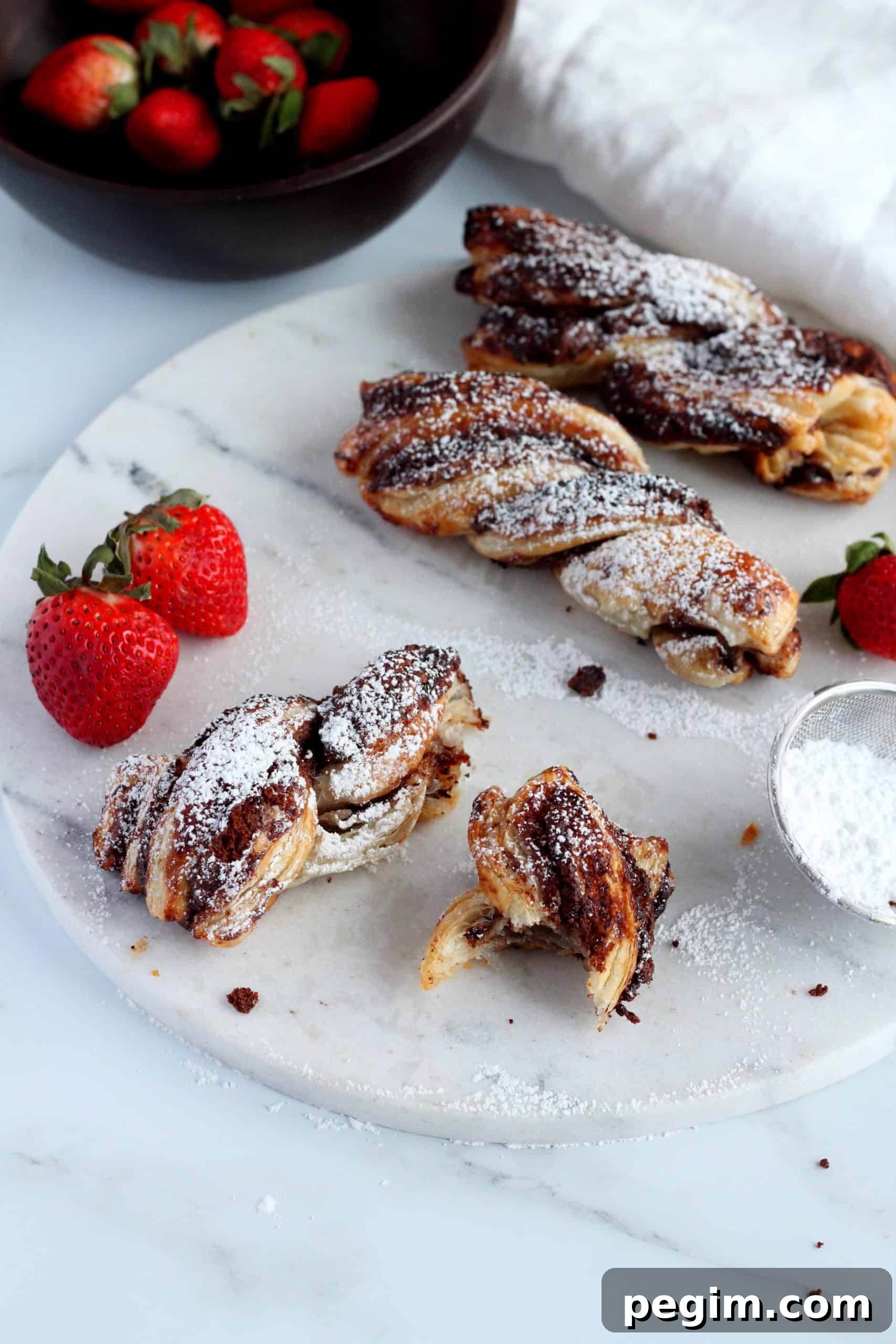 Nutella puff pastry twists on a marble plate with strawberries in the background and powdered sugar wand.