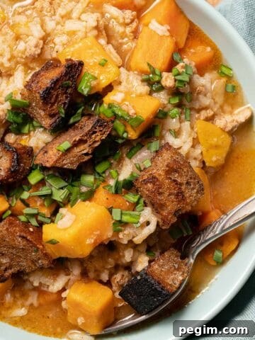 bowl of soup with sweet potato turkey and rice