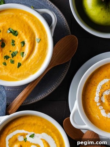 Carrot Pumpkin Apple Soup in 3 bowls with wooden spoons