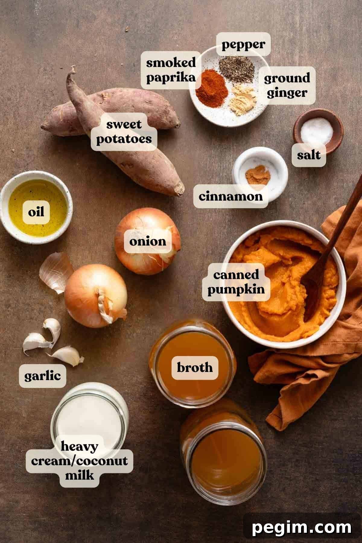 ingredients for sweet potato pumpkin soup with text labels.