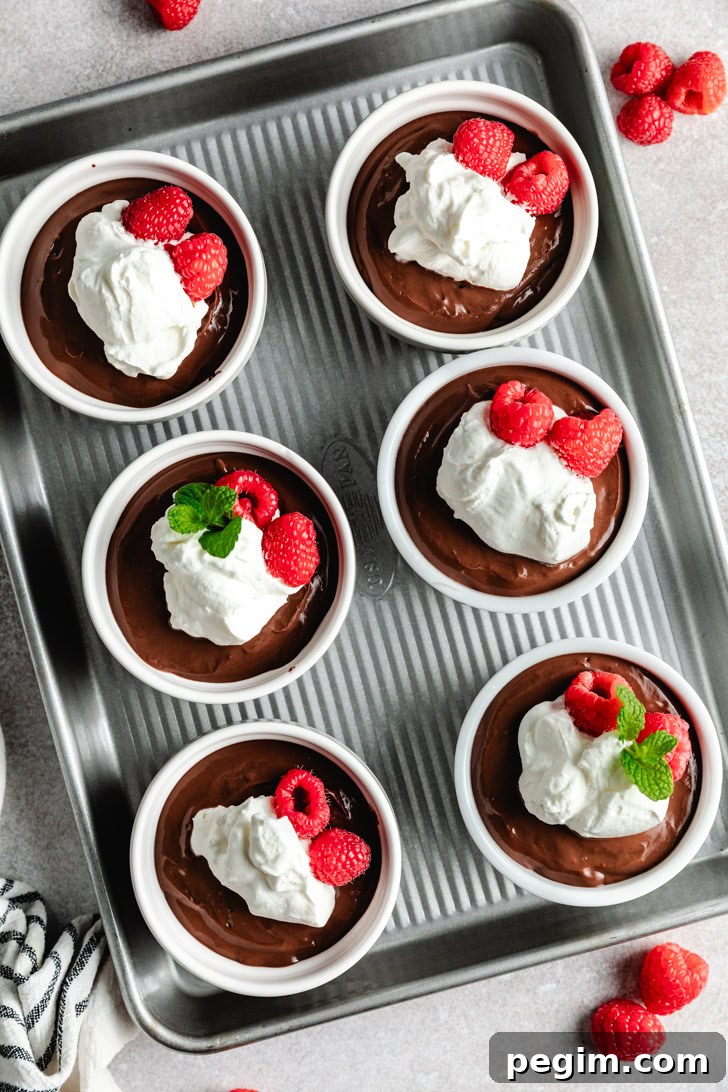 Six ramekins filled with chocolate pudding, topped with whipped cream and fresh raspberries.
