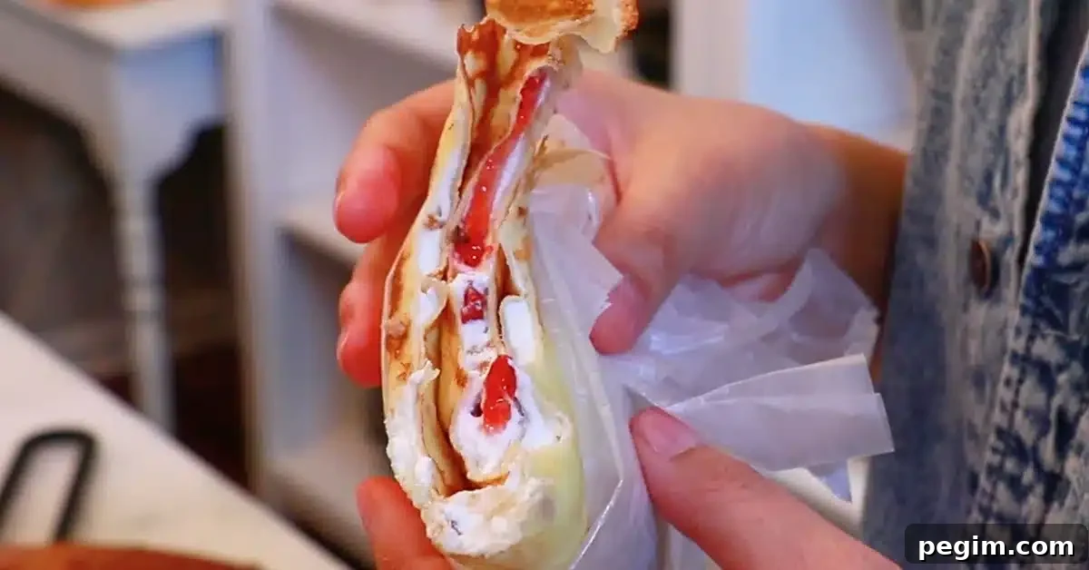 eating a crepe filled with whipped cream and strawberries