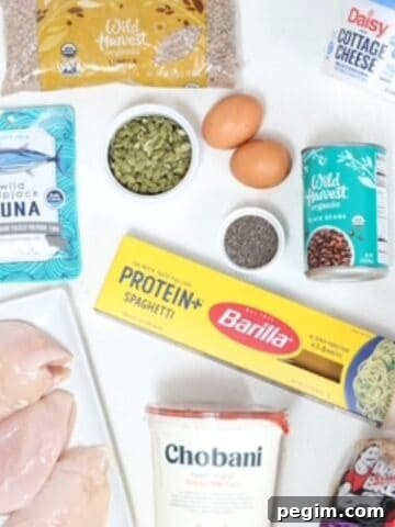 A variety of high protein foods with a white background.