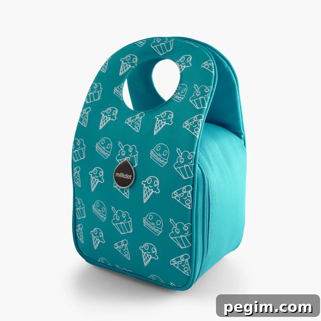 An insulated lunch bag for kids from Milkdot, featuring fun prints of ice cream, pizza, burgers, and cupcakes.
