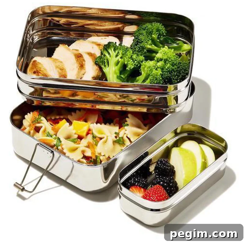 ECOlunchbox stainless steel lunch boxes, each filled with a variety of fruits, vegetables, and other healthy foods.